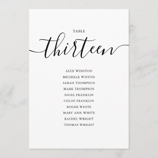 黒のエレガントスクリプトテーブル番号13シーティンググラフ 招待状 (正面)
