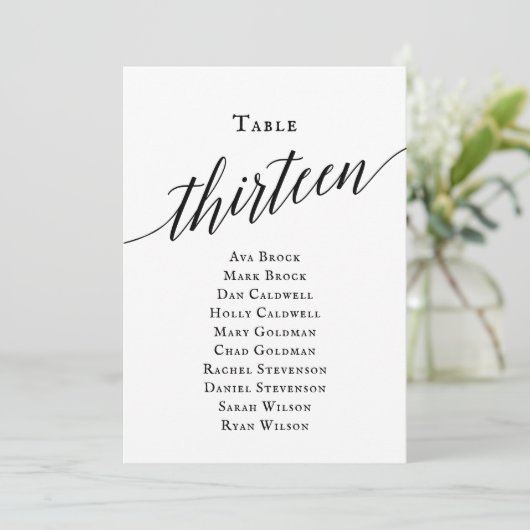 黒のエレガントスクリプトテーブル番号13シーティンググラフ 招待状 (スタンド正面)