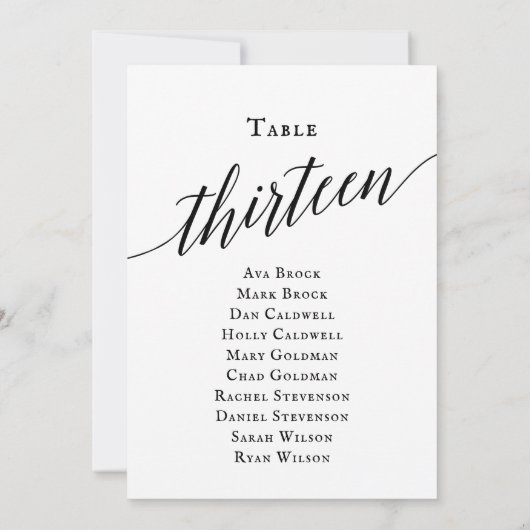 黒のエレガントスクリプトテーブル番号13シーティンググラフ 招待状 (裏面)