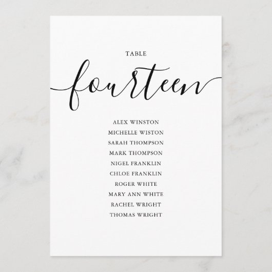 黒のエレガントスクリプトテーブル番号14シーティンググラフ 招待状 (裏面)