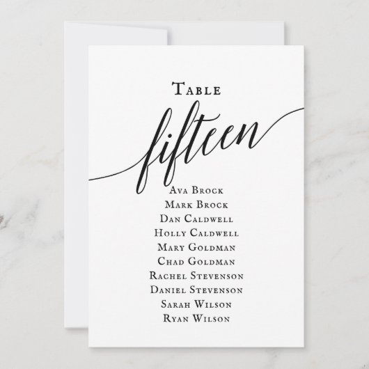 黒のエレガントスクリプトテーブル番号15シーティンググラフ 招待状 (正面)