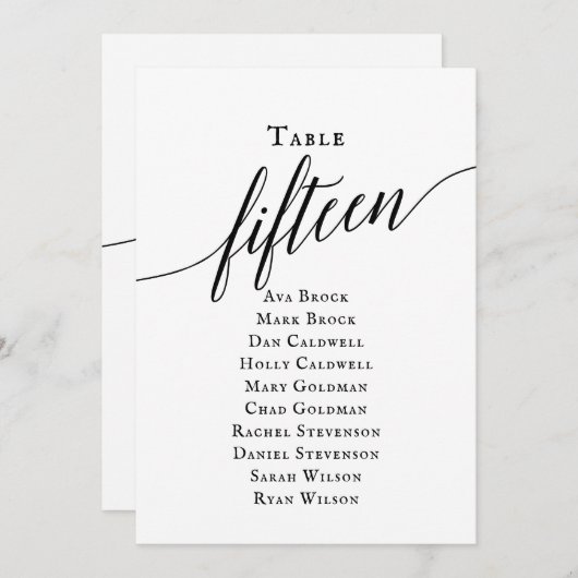 黒のエレガントスクリプトテーブル番号15シーティンググラフ 招待状 (正面/裏面)