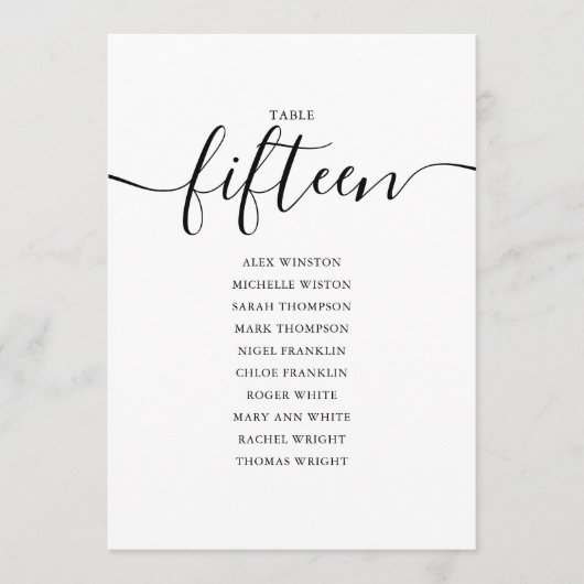 黒のエレガントスクリプトテーブル番号15シーティンググラフ 招待状 (正面)