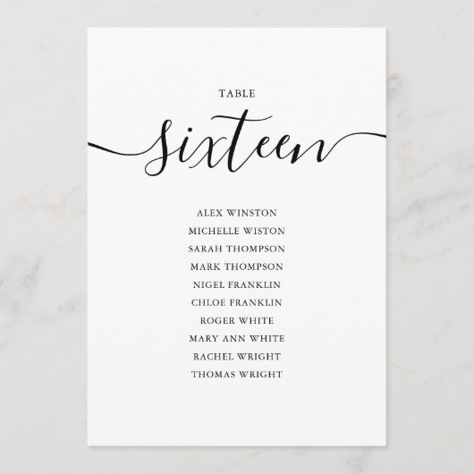 黒のエレガントスクリプトテーブル番号16シーティンググラフ 招待状 (正面)