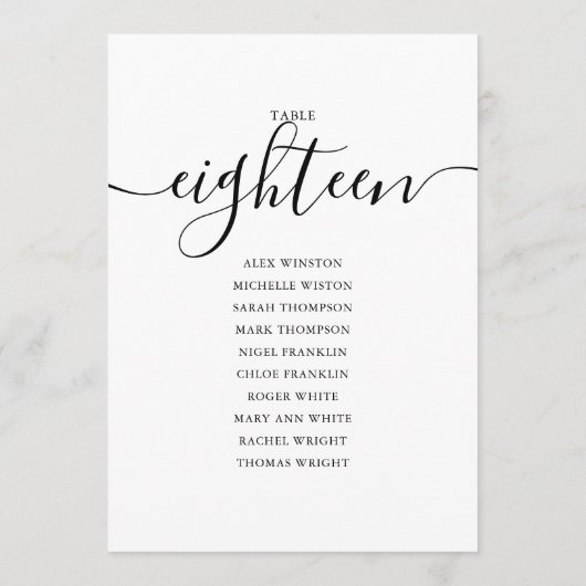 黒のエレガントスクリプトテーブル番号18シーティンググラフ 招待状 (裏面)
