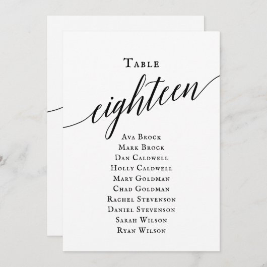 黒のエレガントスクリプトテーブル番号18シーティンググラフ 招待状 (正面/裏面)