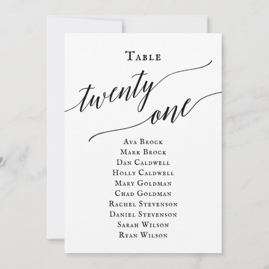 黒のエレガントスクリプトテーブル番号21シーティンググラフ 招待状 (裏面)