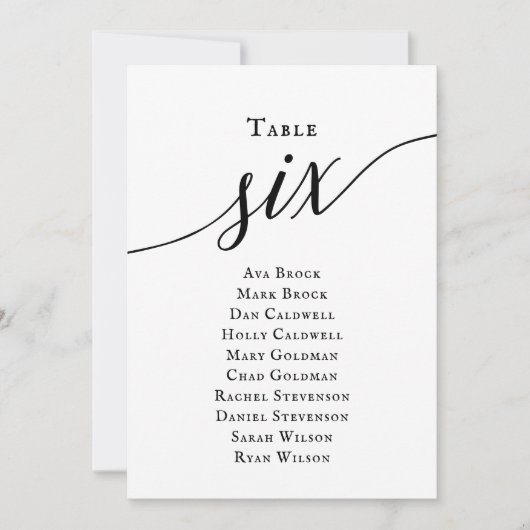 黒のエレガントスクリプトテーブル番号6シーティンググラフ 招待状 (正面)