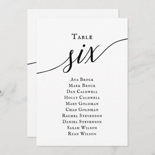 黒のエレガントスクリプトテーブル番号6シーティンググラフ 招待状 (正面/裏面)