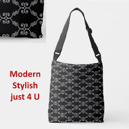 黒のエレガント上の白い緩和曲線ベクトルパターン クロスボディバッグ