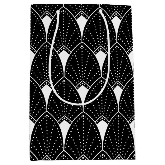 黒のエレガント白ヴィンテージアールデコパターン ミディアムペーパーバッグ (正面)