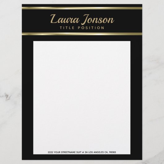 黒のエレガント背景と金ゴールドストライプ レターヘッド (正面)