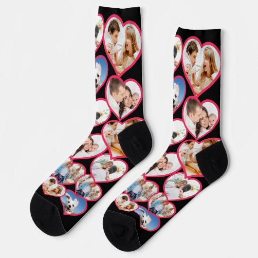 黒のエレガント赤いハートパターン | 5フォトコラージュ ソックス (左)