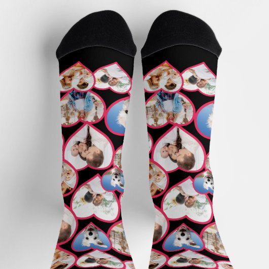 黒のエレガント赤いハートパターン | 5フォトコラージュ ソックス (上部)