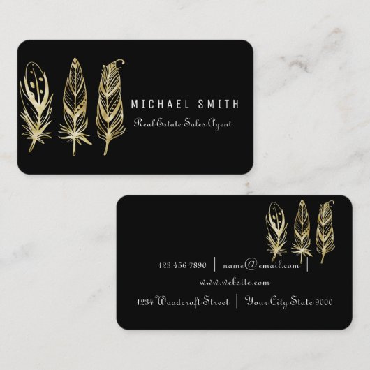 黒のエレガント金ゴールド羽付き名刺 名刺 (正面/裏面)