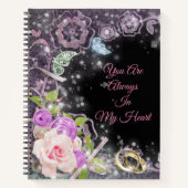 黒のエレガント高級フローラテキストの追加 ノートブック (正面)