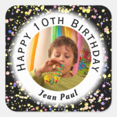 黒のカスタマイズ可能な水色紙吹雪誕生日 スクエアシール (正面)