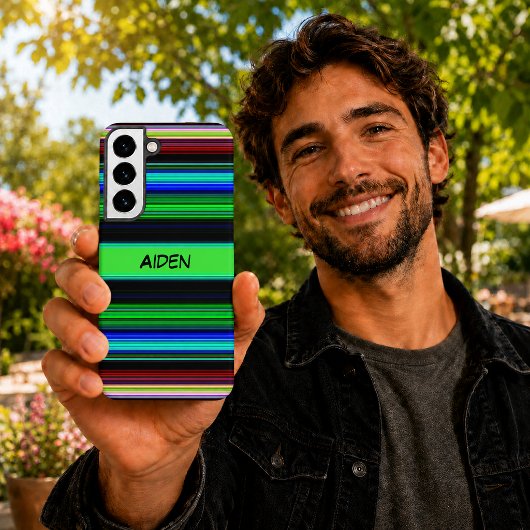 黒のカスタムネーム入りカラフルストライプ柄 SAMSUNG GALAXYケース