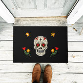 黒のカッコいいミュートスガースカルと花 ドアマット