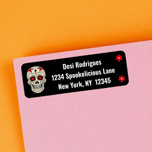 黒のカッコいいミュートスガースカルと花 ラベル