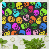 黒のカラフルなスカルパターン キッチンタオル (折り畳み)