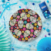 黒のカラフルな砂糖のスカルおよび花のフェスタ ペーパープレート (パーティー)