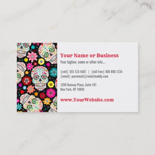 黒のカラフルな砂糖のスカルおよび花のフェスタ 名刺 (裏面)