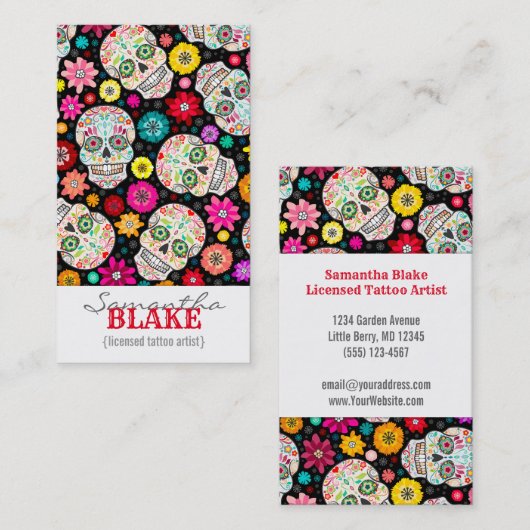 黒のカラフルな砂糖のスカルのフェスタ 名刺 (正面/裏面)