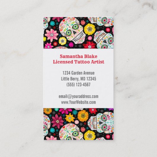 黒のカラフルな砂糖のスカルのフェスタ 名刺 (裏面)