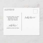 黒のカリグラフィーで「婚約しました」フォトエンゲージメント 案内ポストカード (裏面)