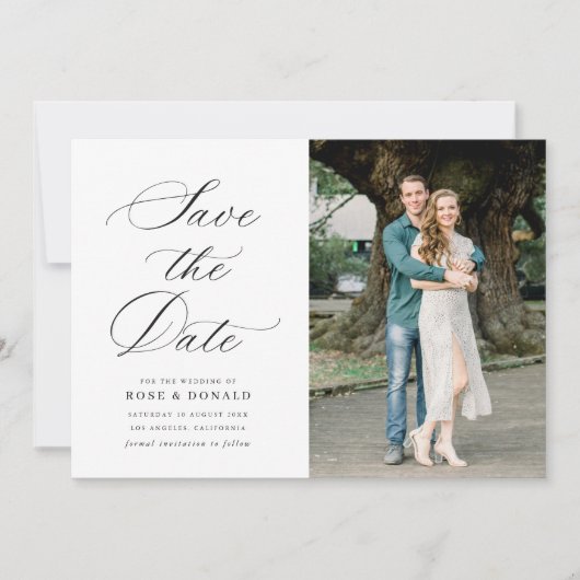 黒のカリグラフィー スクリプト 結婚式のSave the Date セーブザデート (正面)