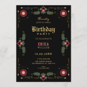 黒のクラシック フラワー 誕生日 招待状 (正面)