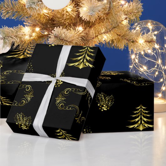 黒のクリスマスに金の装飾 ラッピングペーパー (クリスマス)