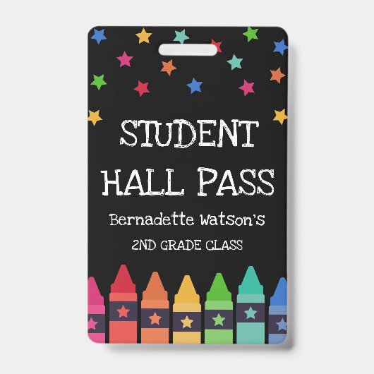 黒のクレヨンと星 カラフルな生徒用ハラパス バッジ (正面)