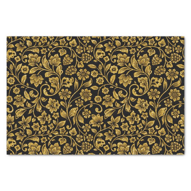 黒のグリッターの効果の金ゴールドの花柄 薄葉紙 (正面)