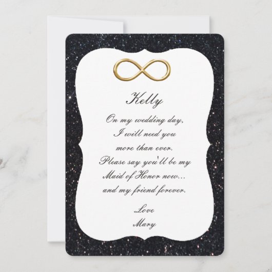 黒のグリッターゴールドインフィニティ メイドオブオナーカード 招待状 (正面)