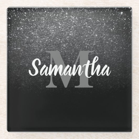 黒のグリッターパターン ガラスコースター (正面)