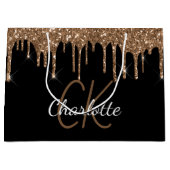 黒のゴールドグリッターが滴るモノグラム名前のスクリプト ラージペーパーバッグ (正面)