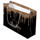 黒のゴールドグリッターが滴るモノグラム名前のスクリプト ラージペーパーバッグ (正面アングル)
