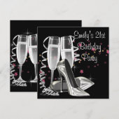 黒のシャンパン ハイ ヒール 21歳の誕生日パーティー 招待状 (正面/裏面)