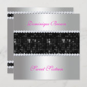 黒のシーキン招待状（ダイヤモンド付き） -シルバー 招待状 (正面/裏面)