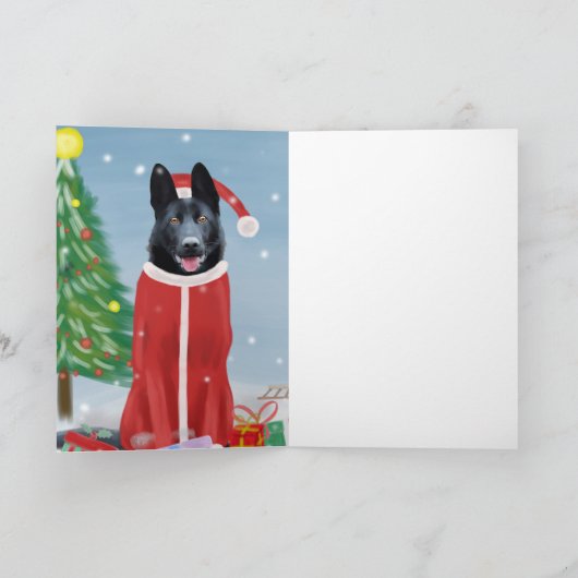黒のジャーマンシェパード犬の雪のクリスマスプレゼント カード (内部)