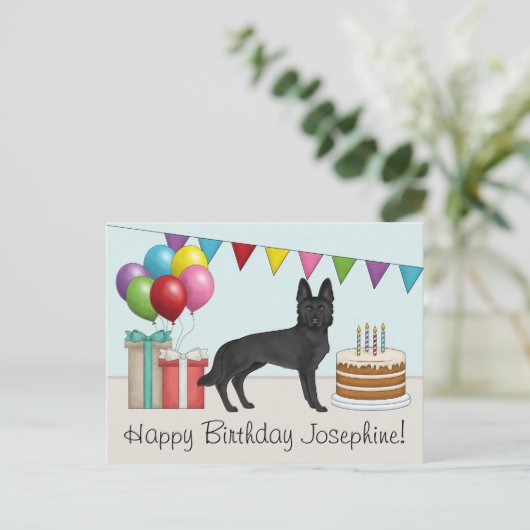 黒のジャーマンシェパード カラフル ハッピーバースデー ポストカード (スタンド正面)