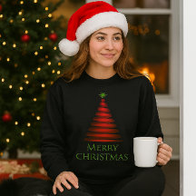 黒のスウェットシャツに赤いクリスマスツリー