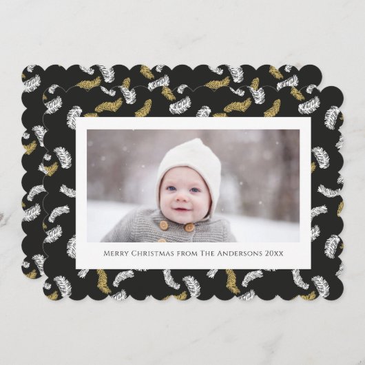 黒のスクリプモダント金ゴールドパインミストレトークリスマス シーズンカード (正面/裏面)