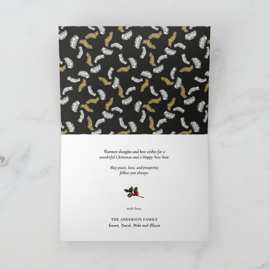 黒のスクリプモダント金ゴールドパインミストレトークリスマス シーズンカード (内部)