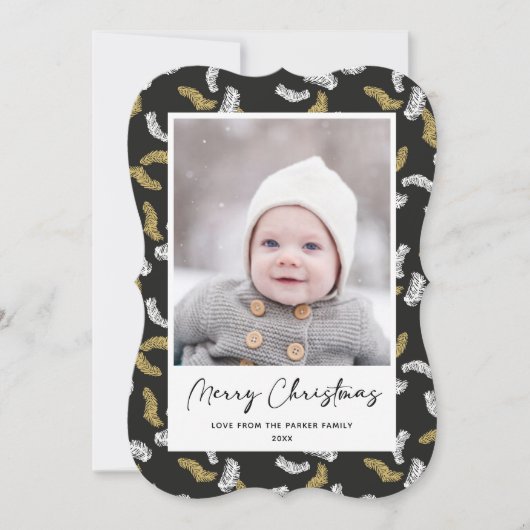 黒のスクリプモダント金ゴールドパインミストレトークリスマス シーズンカード (正面)