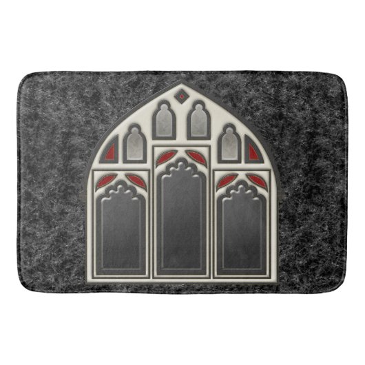 黒のスケルトンとこうもり付きゴシック窓 バスマット (正面)
