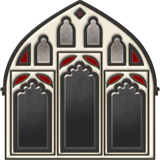 黒のスケルトンとこうもり付きゴシック窓 壁紙 (Look in glass panes to see the bats and skeletons.

)