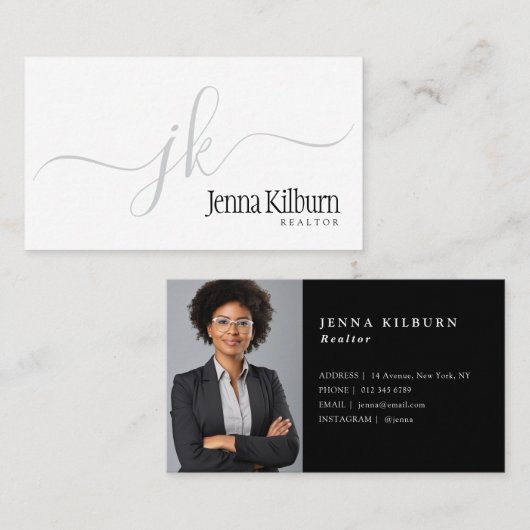 黒のスタイリッシュスクリプト不動産仲介業者 名刺 (正面/裏面)